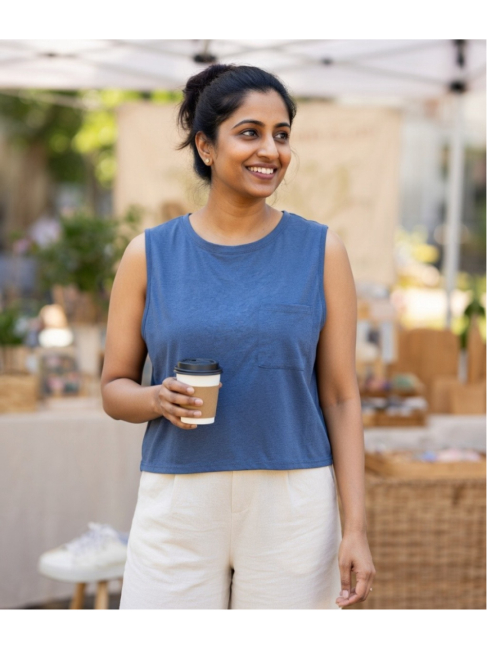 Threads 4 Thought Med Heathered Blue Boxy Crop Tank Top Chest Pocket Sustainable